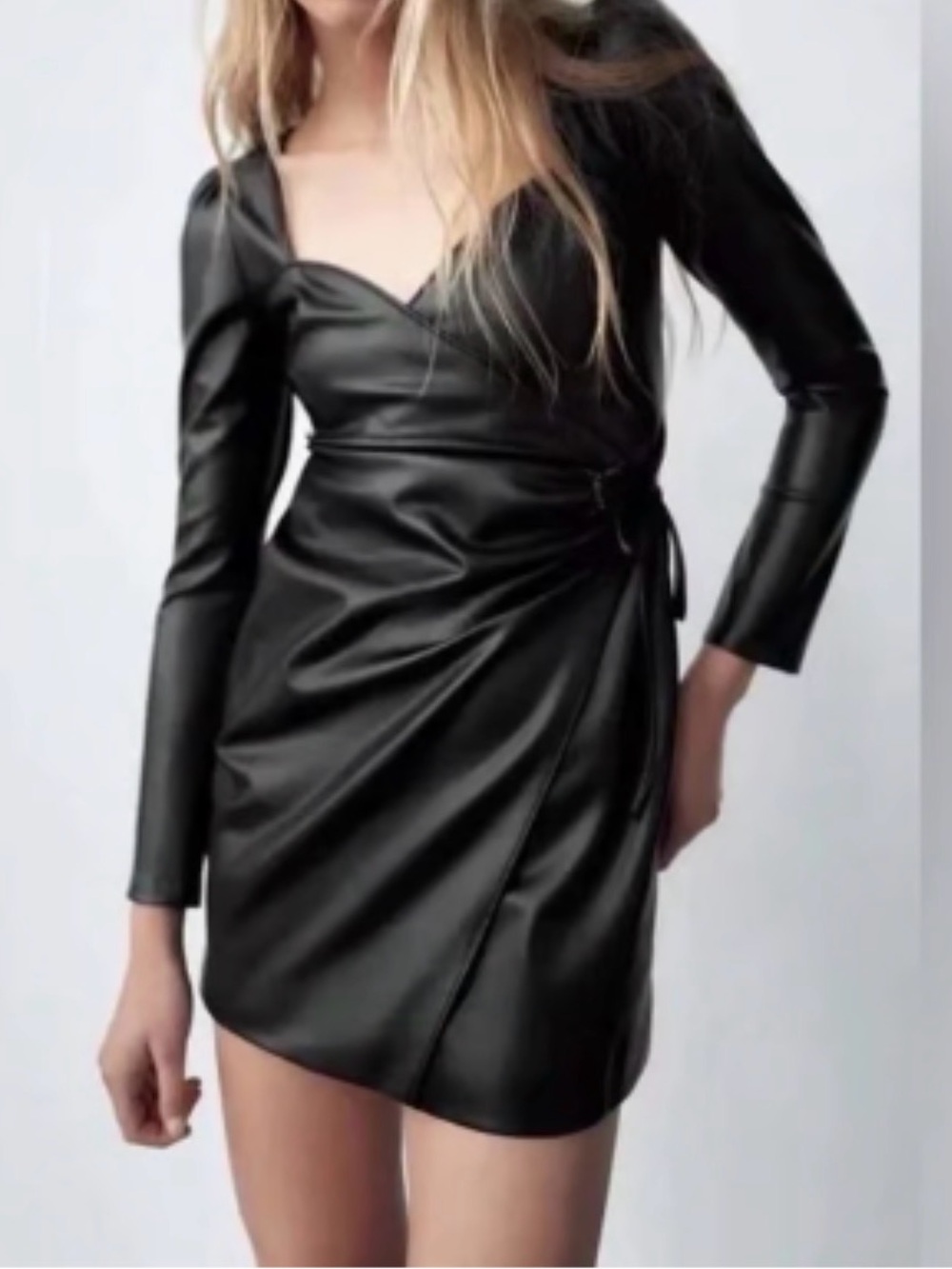 House of Harlow 1960 Black Faux Leather Wrap Mini Dress
